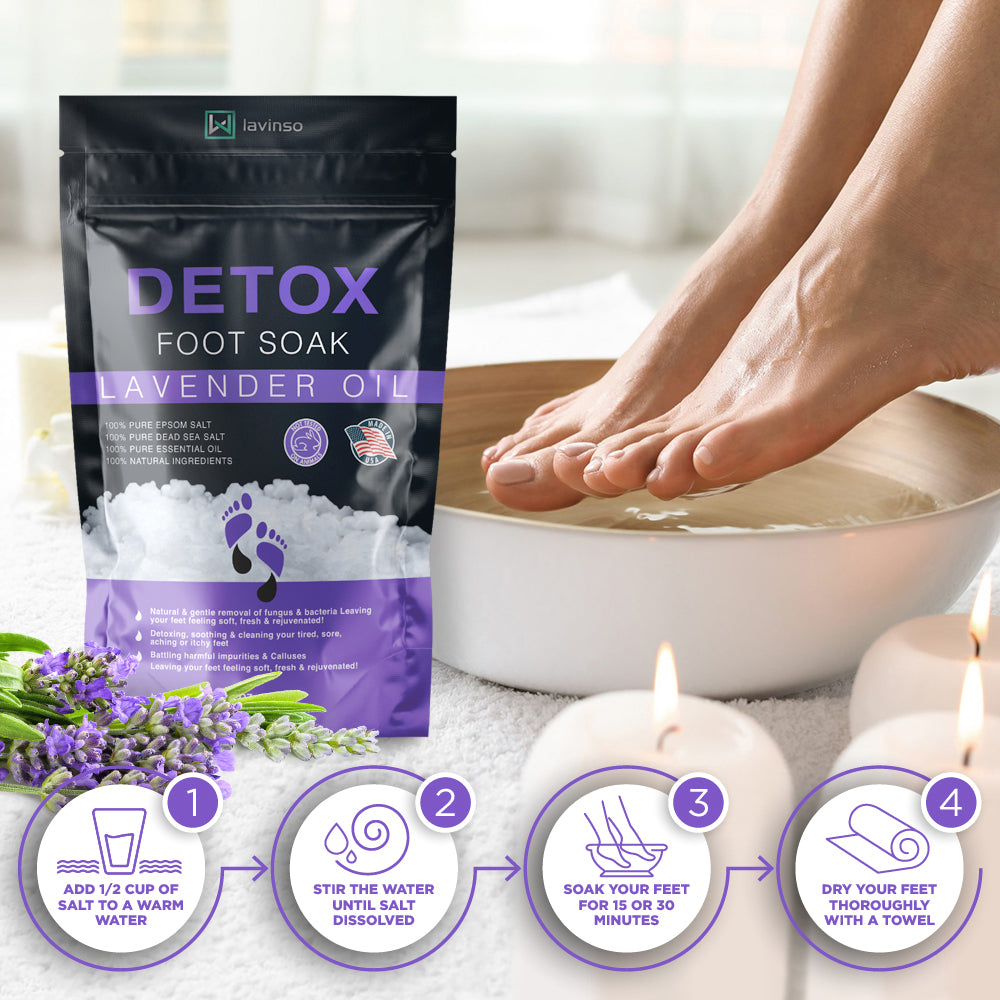 Lavender Oil Foot Soak for Dry Cracked Feet with Epsom Salt - Athlete's Foot, Removes Odor Scent - Softens Calluses & Soothes Sore Tired Feet